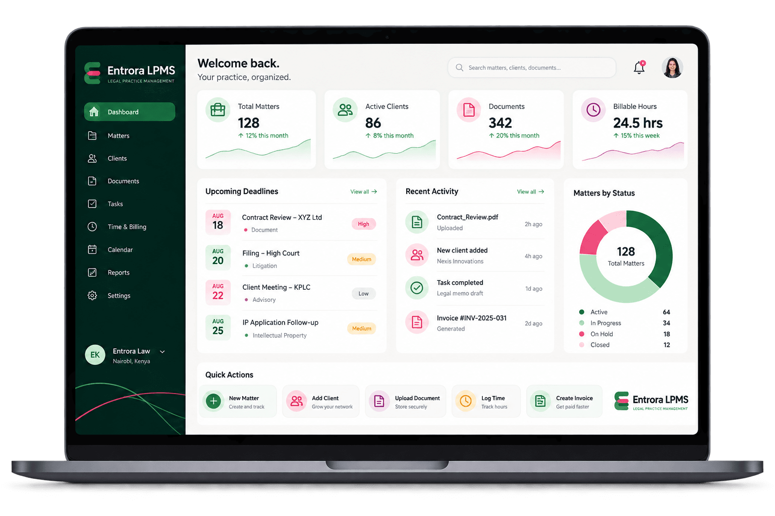 The Entrora LPMS dashboard, showing matters, clients, documents and billable hours