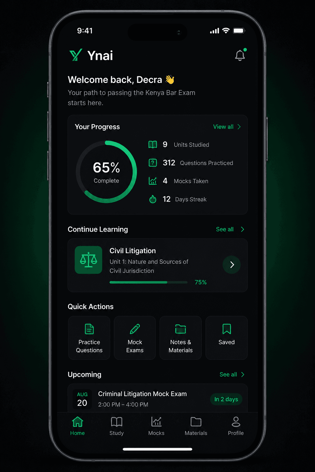 The Ynai app, a Kenya Bar Exam study companion